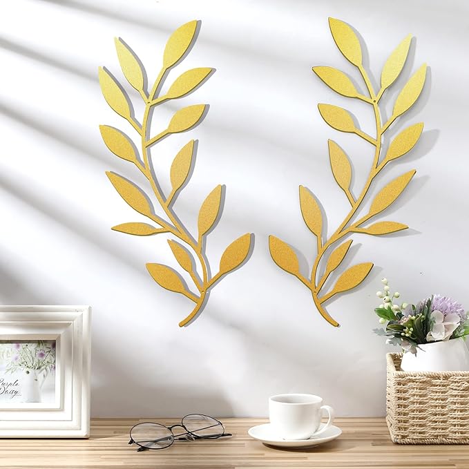 Zhengmy 2 Pieces Metal Tree Leaf Wall Decor Vine Olive Branch Leaf Wall Art Living Room, Hallway Wall Decor Outdoor Decoration(Gold)