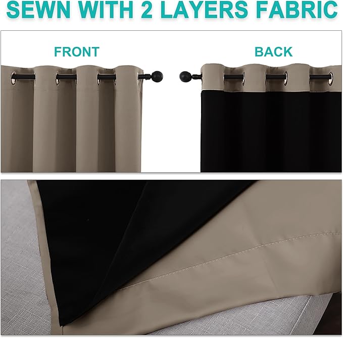 NICETOWN 100% Blackout Blinds, Set of 2, 46 inches x 96 inches, Laundry Room Decor Window Treatment Curtains for Large Patio Sliding Door, Thermal Insulated Taupe Curtains for Bedroom
