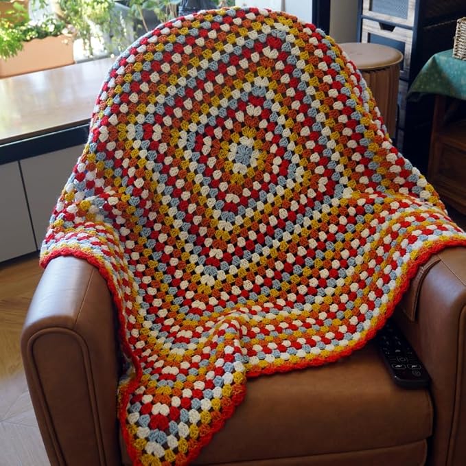 Handmade Crochet Granny Square Throw Blanket Sweater Style,Crochet Quilt,Multicolor Boho Travel Accent Throw for Sofa Comforter Couch Bed Recliner Living Room Bedroom Decor 43" x43" (A)