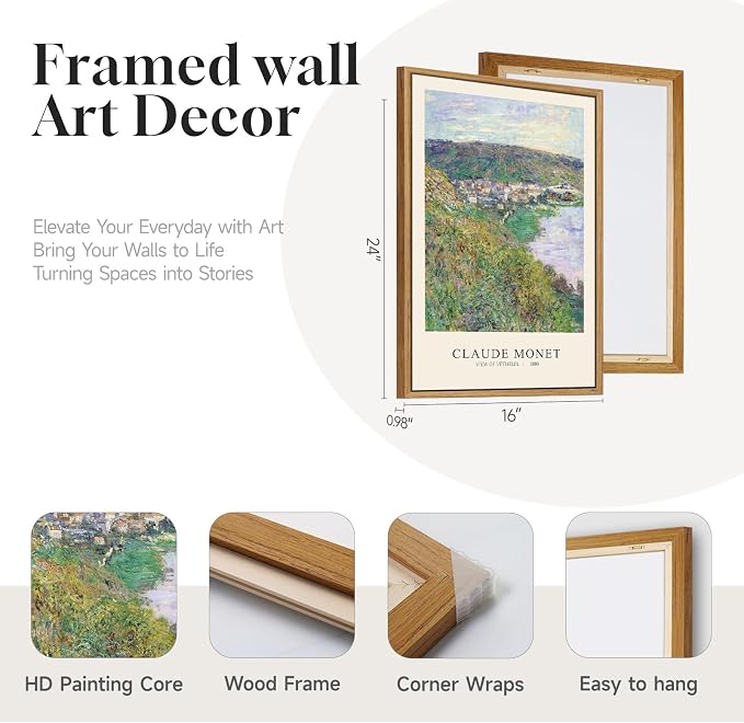 3 Piece Framed Monet Landscape Wall Art for Living Room, Large Impressionist Vintage Coastal Picture Canvas Prints Painting, Classic Nature Artwork Decor for Bedroom Hallway 16x24 Inch