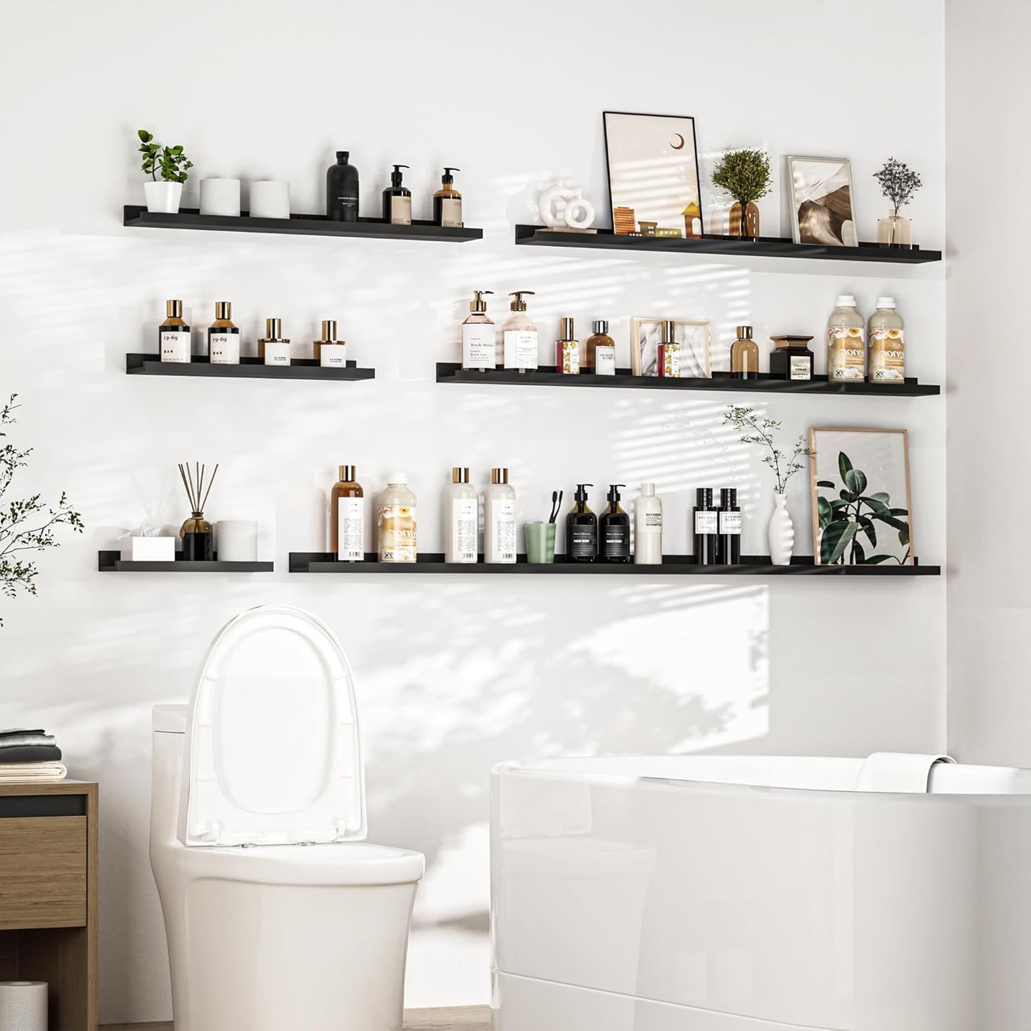 Heimlove Picture Ledge Shelf, Floating Shelves Set of 2, 56 Inches Picture Shelf for Wall with Ledge, Kids Bookshelf Wall Mounted for Living Room Bedroom Decor Books Photo Frames, Black