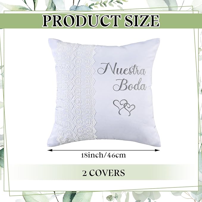 Mixweer 2pcs Wedding Embroidered Kneeling Pillows Nuestra Boda 18 x 18 Inch Embroidered Prayer Pillow Satin and Lace Kneeling White/Silver, Cojines para Boda, Decoracion (Left, Lace)
