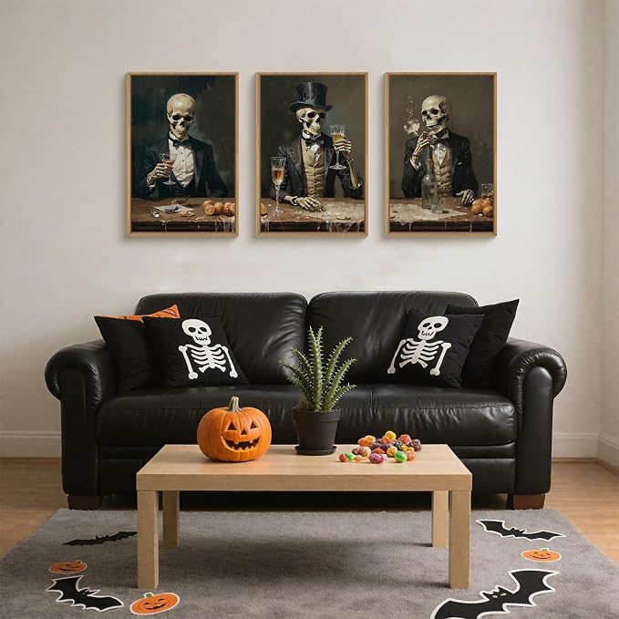 FWIEXA Halloween Skeleton Canvas Wall Art Set of 3, Gothic Skull Framed Painting Artwork, Dark Reaper Prints, Creepy Spooky Decor 16x24In for Party, Bar, Gift, Living Room, Bedroom