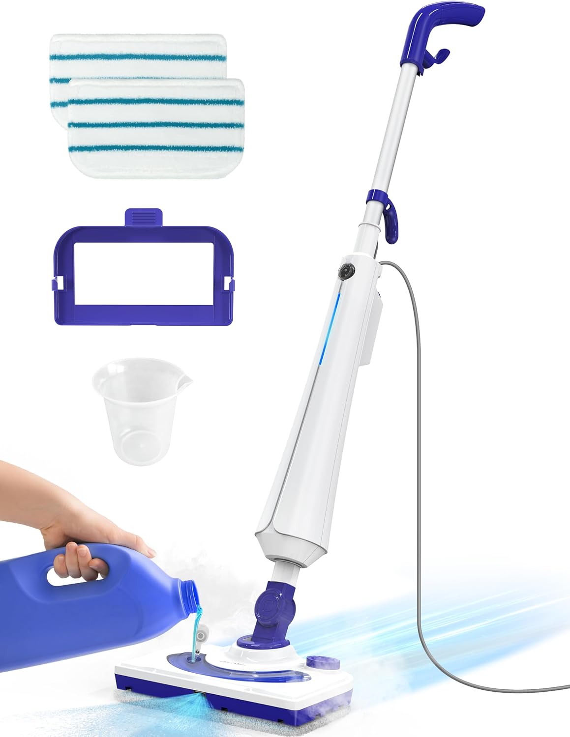 Professional Steam Mop Cleaner, 1300W Floor Steamer with Detergent Chamber, 25S Heat Up, Lightweight Steamer for Cleaning with 2 Washable Pads, Safe for Tiles, Upholstery, Carpet, Hardwood, Navy