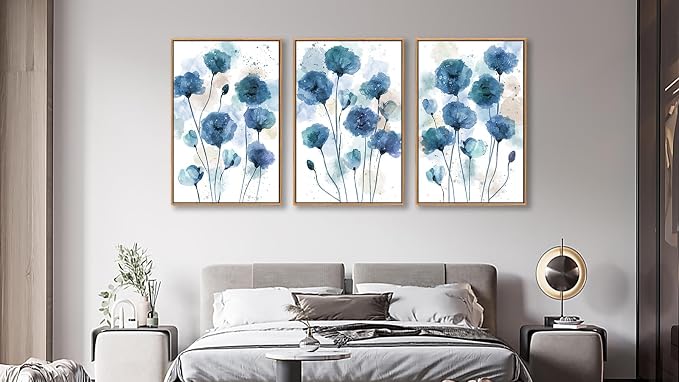 Large Flowers Wall Art for Living Room Natural Wood Float Framed Art Set of 3 Blue Floral Canvas Pictures Abstract Artwork Blossom Canvas Prints for Bedroom Kitchen Home Office Wall Decor 20"X28"X3