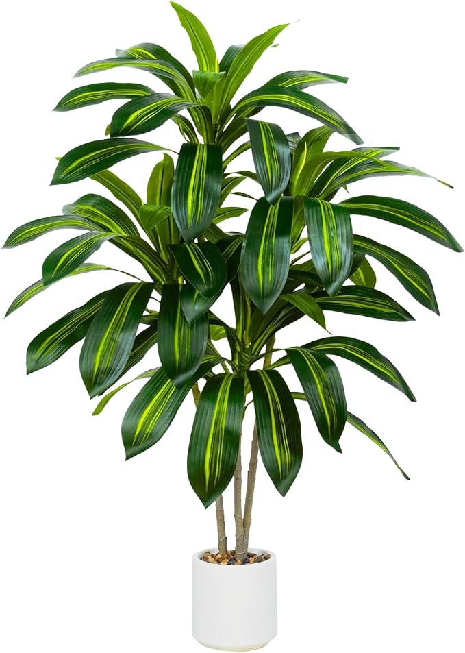 Artificial Dracaena Tree-4FT Fake Plants with White Planter-Artificial Plants Indoor Floor Plant in Pot-Tropical Fake Yucca Potted Tree for Home Office Living Room Decor
