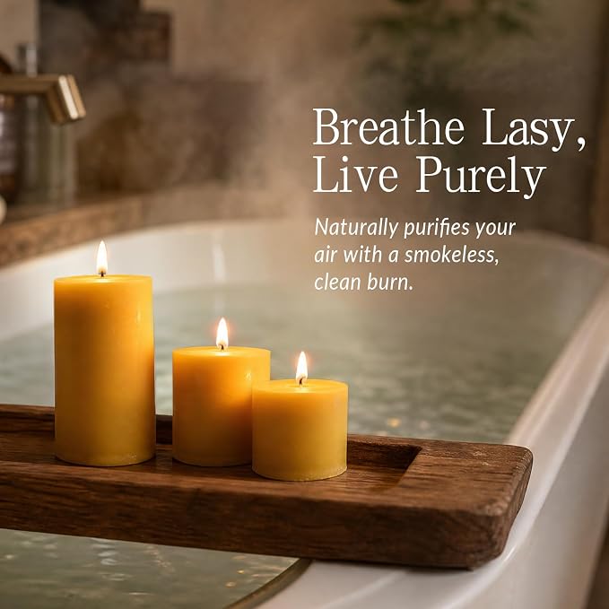 DEYBBY 3x3 inch Natural Beeswax Pillar Candle Set of 4 for Women Gift, Smokeless Dripless Pure Organic Beeswax Candles with Natural Scent for Blackout Home Decoration Bath Relaxation（Yellow）