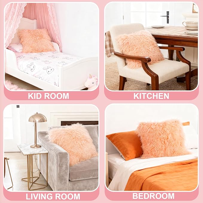Seek4comfortable Mongolian Lamb Fur Throw Pillow Cover, Sheepkin Fur Decorative Cushion Cover Pillow Case Home Decorative Square Throw Pillow Cover Plain Wool Pillow Protector, Pink (18"x18")