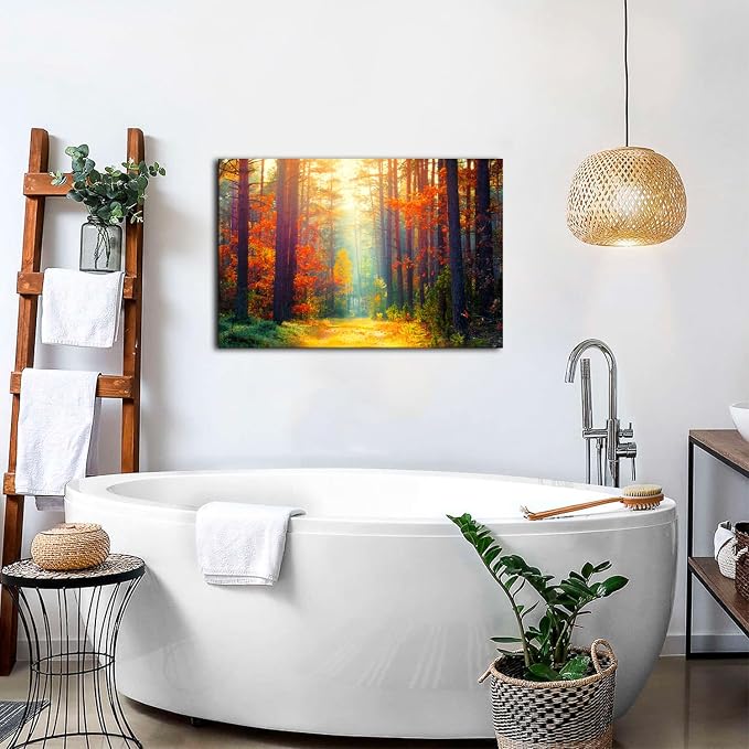 Fall Forest Wall Art Orange Maple Leaves Wall Decoration for Living Room Bedroom Autumn Landscape Pictures Nature Trees Scenery Canvas Print Sun Light Through Forest Painting Artwork Home Decor 20x30”