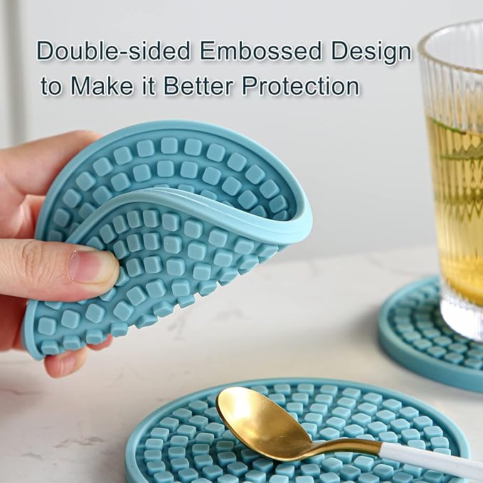 Colinda Silicone Drink Coasters with Holder, Set of 6, Outdoor Cup Mat for Hot or Cold Drinks, Thickened, Non-Slip,Non-Stick, Navy Blue