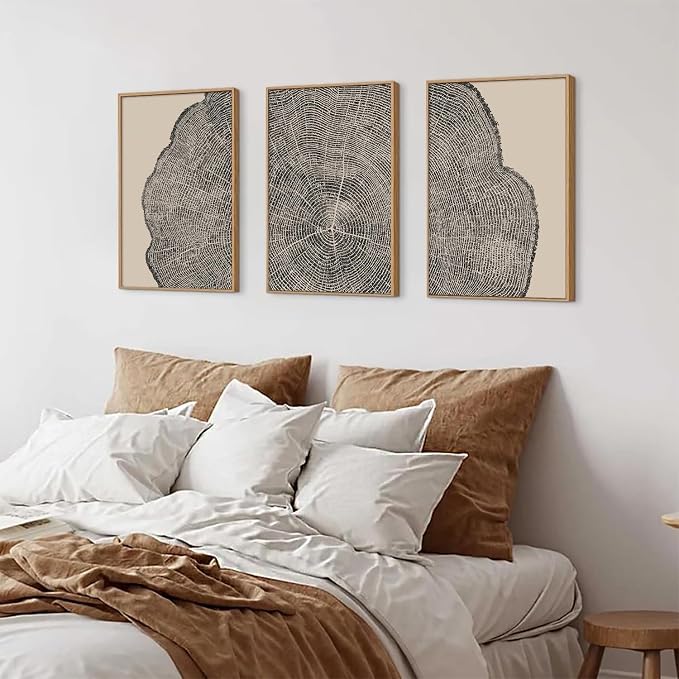 SIKERIC 3 Piece Wood Tree Ring Wall Art, (24X36 inch) Black and White Print Wall Art Set, Large Framed Canvas Art Wall Decor, Modern Abstract Nature Art Paintings for Living Room, Bedroom, Office