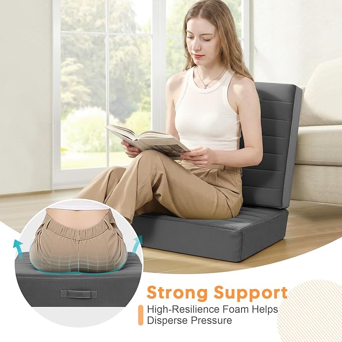MeMoreCool Square Floor Pillows for Adults Kids, 2 Sets Large Meditation Cushion with 5" Thick Foam and Washable Tufted Cover, 22 Inch Grey Seat Floor Cushions for Sitting and Yoga
