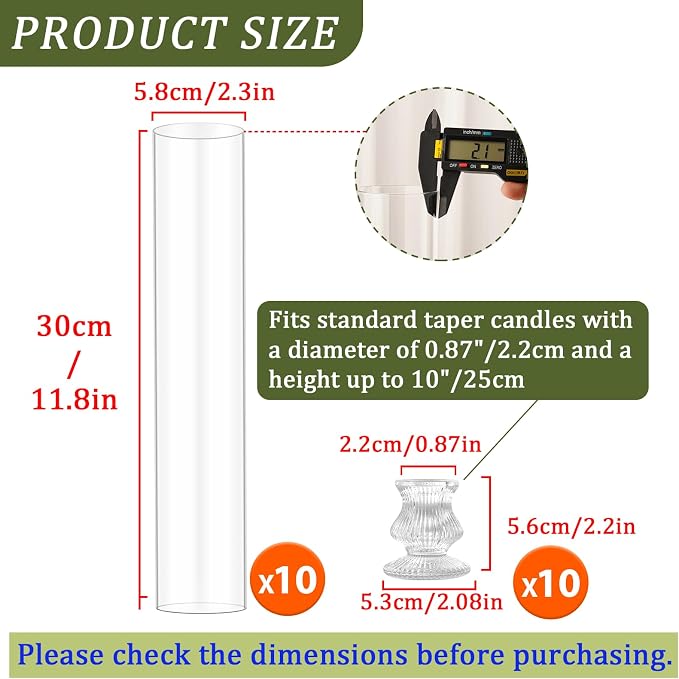 Hurricane Glass Candle Holders 10Pcs Fluted Candlestick Holders for Taper Candles with Cylinder Covers Crystal Candle Sticks Holder Decor for Wedding Birthday Christmas Table Decoration