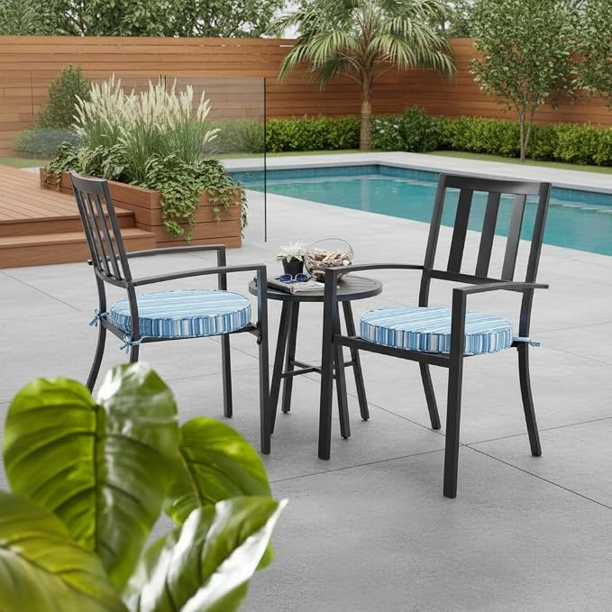 Set of 2 Outdoor 18 inch Round Patio Dining Chair Pads – Comfortable Fiber-Filled Seat Cushions with Ties, Reversible Polyester Fabric, Sapphire Stripe