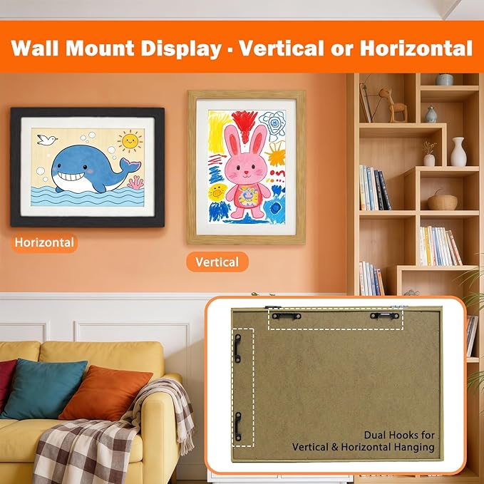 Kids Art Frames 8.5x11, 4-Pack Front Opening Changeable Picture Frames for Kids Artwork, Holds 150 Pieces Each, Artwork Storage and Wall Display Frame for Drawings, Portfolio, Black & Wood