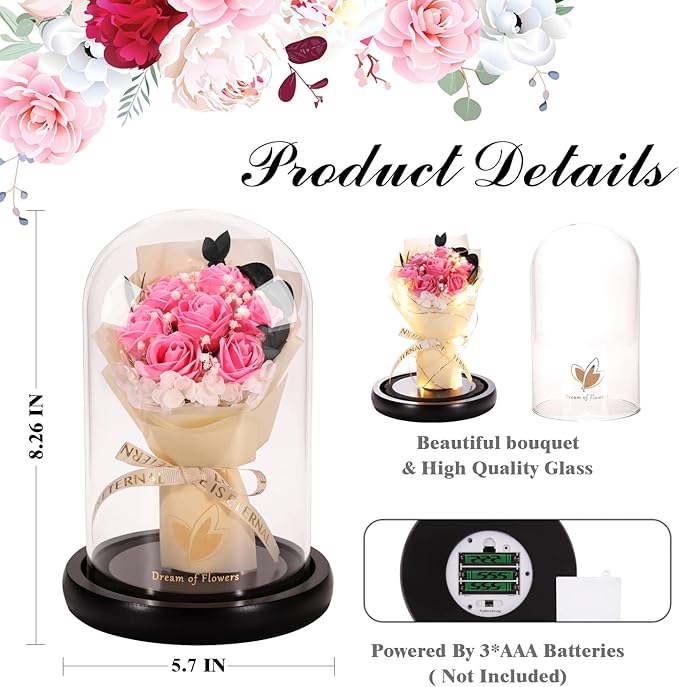 Beauty and The Beast Rose,Lasts Forever Pink Roses,Light Up Rose in Glass Dome,Gifts for Women,Birthday Gifts for Mom,Wife,Grandma,Anniversary,Mothers,Thanksgiving,Christmas Flowers Gifts