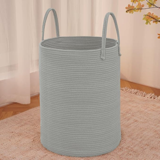 JMvicyroam Large Woven Laundry Basket Hamper,100L Cotton Rope Storage Bin for Blankets,Toys and Clothes,Decorative Tall Nursery Hamper for Living Room,Baby Nursery,Bathroom and Bedroom,Grey