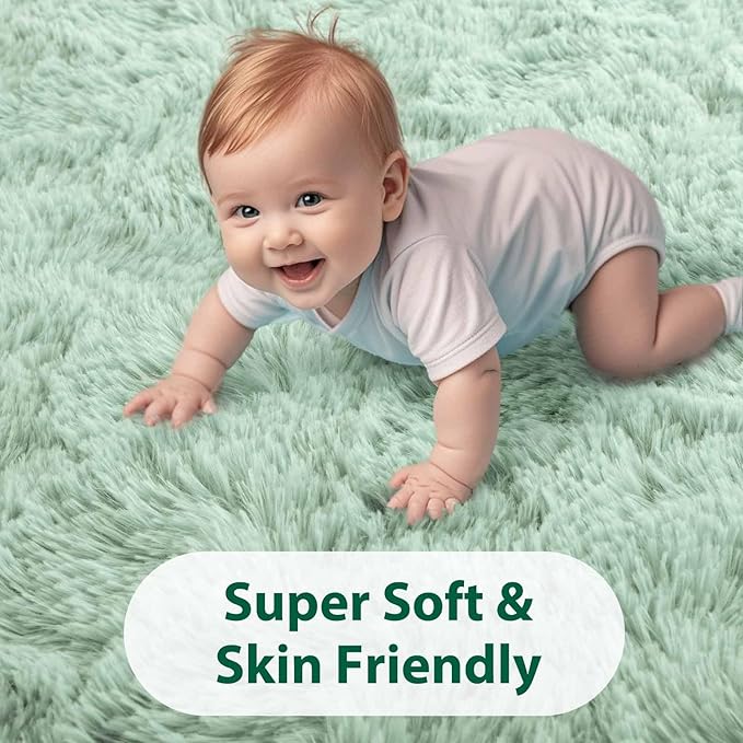 FinRèc Light Green Rug for Bedroom Living Room, 4x6 Feet Fuzzy Shaggy Area Rug, Non-Slip Fluffy Furry Rugs for Kids Room Dorm Room Home Decor, Indoor Plush Floor Carpet