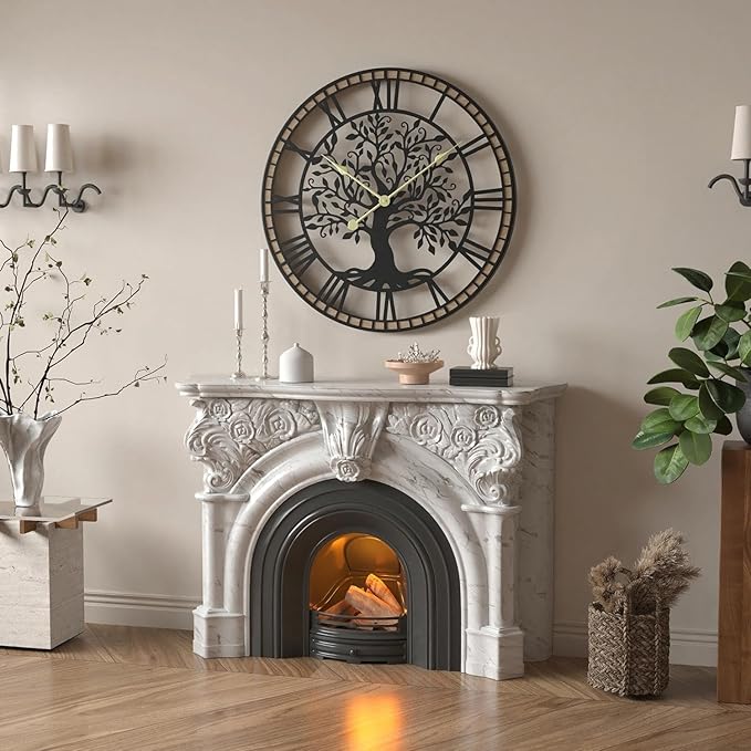 Micasso Vintage Oversize Wall Clock: 38Inch Farmhouse Tree of Life Metal with Wood Frame - Rustic Battery Operated Wall Clocks for Fireplace/Living Room/High-Ceiling - Home Decor for Homemakers