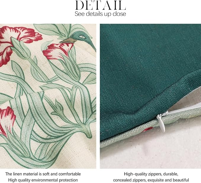 patdrea French Vintage Linen Throw Pillow Cover,18"x18",Set of 2-Cecilia E | Decorative Pillow Case with Zipper,Green Floral Pattern,Cushion Coverfor Couch Living Room Bedroom Sofa