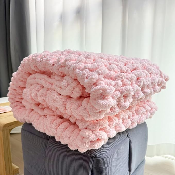 Soft Chunky Knit Throw Blanket for Couch, Cozy Warm Knitted Blankets | Hand Knit with Jumbo Chenille, Lightweight Warm Fluffy Decor for Women, Mom, Her & Girls, Sofa, Chair, Bed, 40"×60" (Pink)