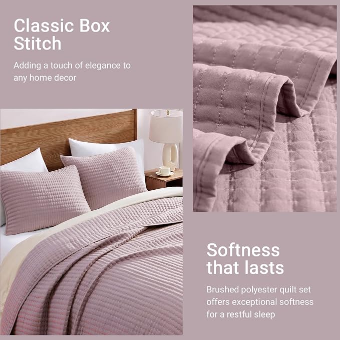 WRENSONGE Queen Quilt-3 Pieces Lightweight Bedspreads Dusty Mauve Queen Size Quilt Bedding Set for All Seasons, Soft Coverlet with 2 Pillow Shams Suitable for Bed & Couch