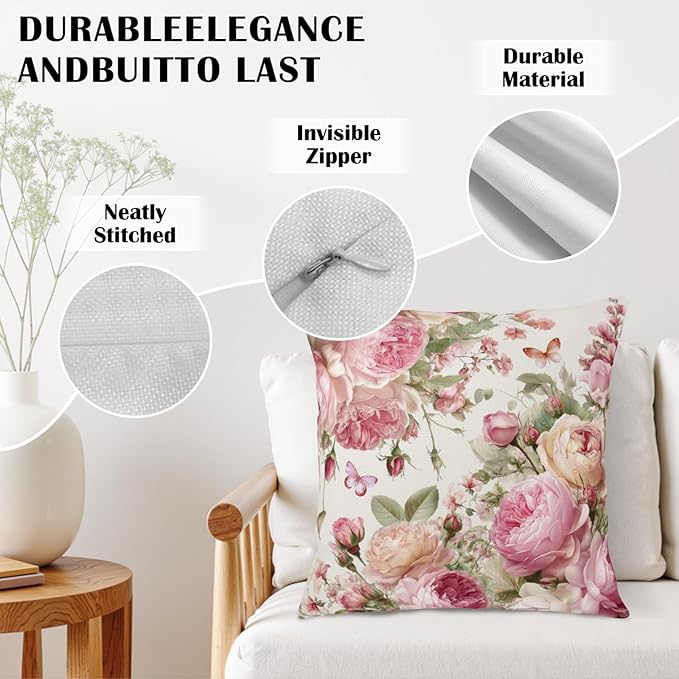 Pink Rose Pillow Covers Peony Flower Throw Pillow Covers Spring Summer Shabby Chic Floral Pillow Cases 22x22 Rustic Rose Farmhouse Cushion Cases for Home Bedroom Couch Sofa 2 Pcs