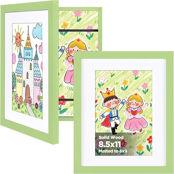 KINLINK 8.5x11 Kids Art Frame Set of 2, Solid Wood Kids Artwork Frames Changeable with Front Opening Hold 150 Pictures, Art Frames for Kids Art with Mat，without Mat 8.5x11 Picture Frame Light Green