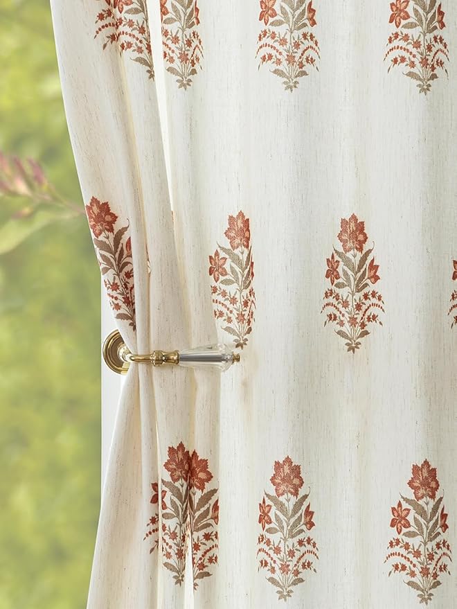 Pinch Pleated Curtains for Living Room: Light Filtering Floral Curtains 108" White Brown Linen Blend Drapes for Bedroom Dining Room Nursery, OEKO-TEX Certified, Easy Care, 2 Panels Set, 40"x108"