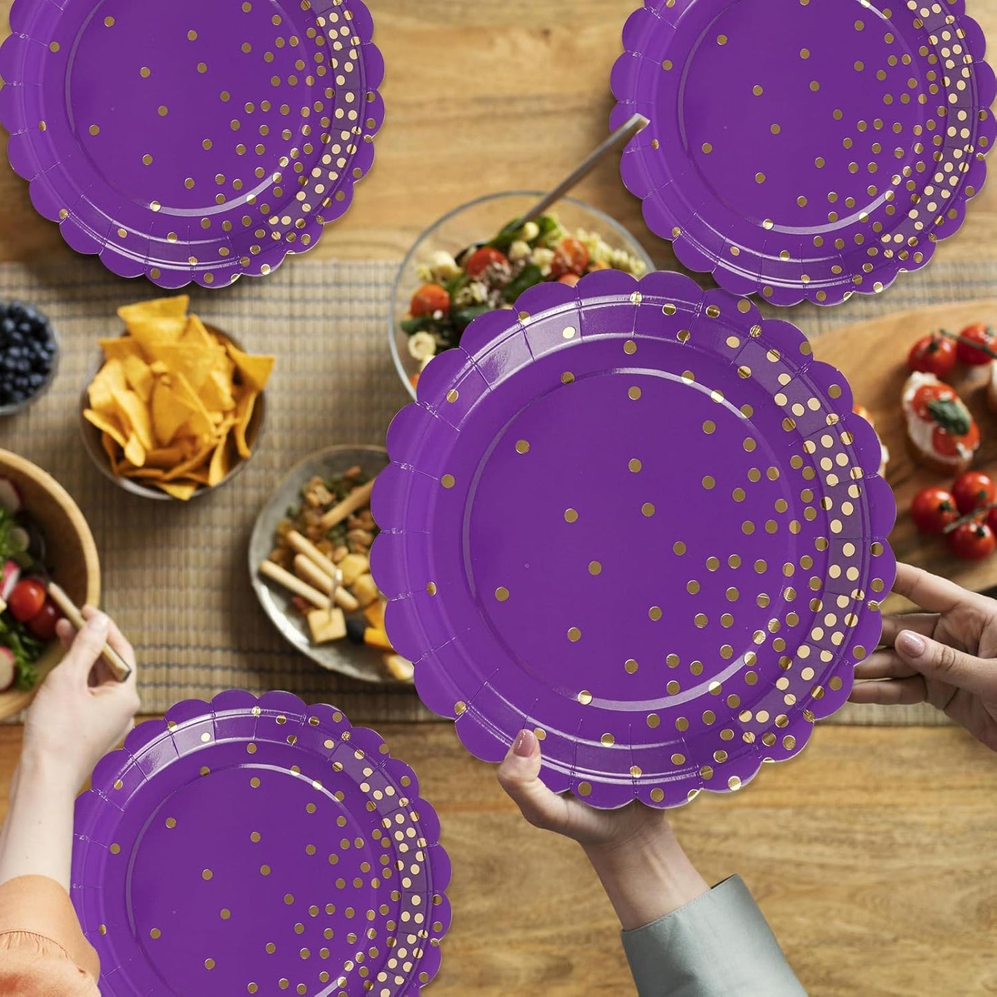 50PCS Purple Paper Plates, 7 Inch Scalloped Purple and Gold Party Plates Disposable Foil Polka Dots Dessert Plate Cake Plate for Wedding Baby Shower Birthday Anniversary Bachelorette Dinner BBQ
