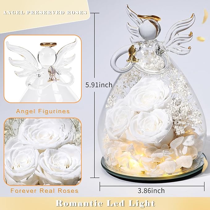 Beferr Mothers Day Mom Birthday Gifts for Women, Fresh Flowers for Delivery Forever Preserved Rose in Glass Angel Figurine, Anniversary Christian Real Rose for Grandma Nana Wife Mum from Daughter Son