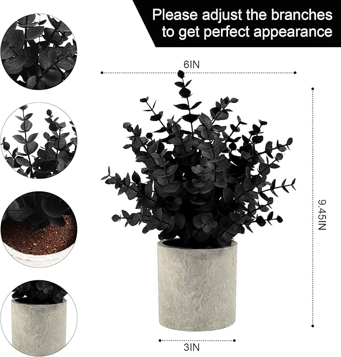 Coferset 2 Pack Black Fake Eucalyptus Small Fake Plants Potted Artificial Plants for Halloween Shelf Desk Home Farmhouse Room Coffee Table Decor Bathroom Decor (Black)