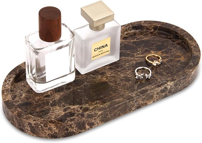 Natural Marble Tray Oval, Bathroom Vanity Tray for Countertop, Elegant Stone Decorative Organizer for Perfume, Jewelry, Home Decor (1, Dark Brown, 10 x 5 x 0.6)