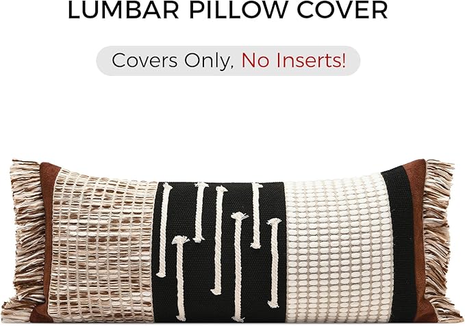 Boho Body Pillow Cover 12x28 Inches, Handwoven Cotton Linen Lumbar Pillow Cover with Tassels, Farmhouse Decorative Cushion Case for Bed Sofa (Black Brown)