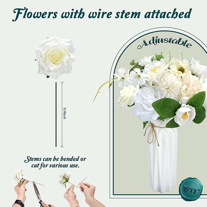 Artificial Flowers Combo Box, 35PCS Fake Flowers, Silk Flower Mix with Wire Stem, DIY Wedding Bridal Bouquet for Arrangement, Shower Party Home Décor, Ivory White Garden Mix