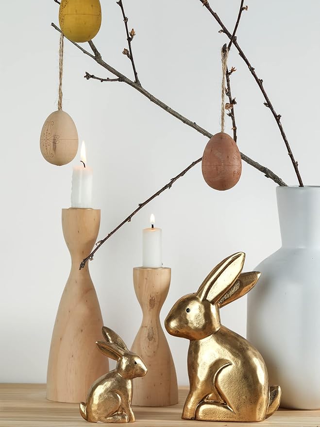 DN DECONATION Golden Bunny Figurines, Wooden Bunny Decor, Small Easter Rabbit Statue Set of 2, Vintage Easter Decorations, Bunny Decorations for Home, Spring Decor, Gift