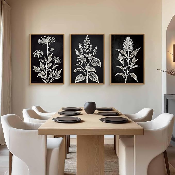 HPNIUB Black and White Sketch Floral Framed Canvas Wall Art Set | Vintage Minimalist Botanical Flower, Moody Wildflower Leaf Artwork, Living Room, Bedroom, Office, 24''x36''x3