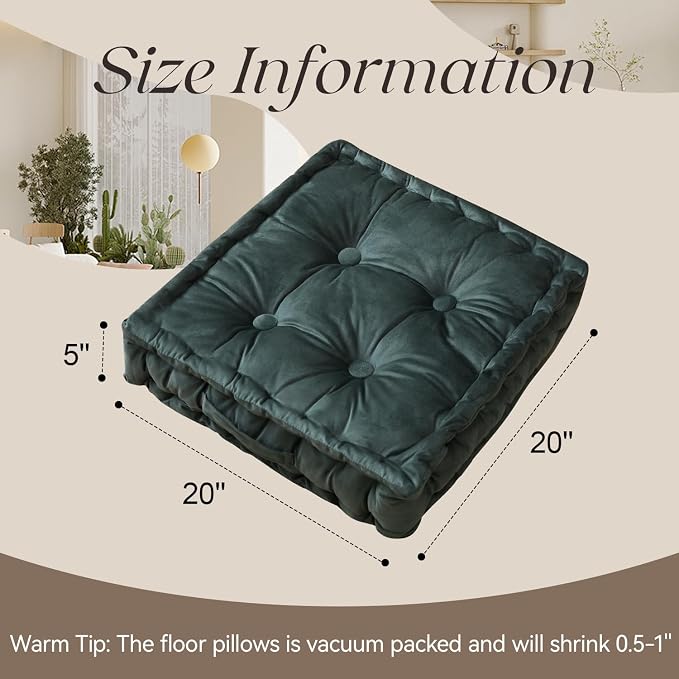 Square Floor Pillows, Large Floor Cushion for Adults Kids, Meditation Floor Pillow Seating Cushion with Shredded Memory Foam and Silk Wadding, 20"x20"x5" Dark Green