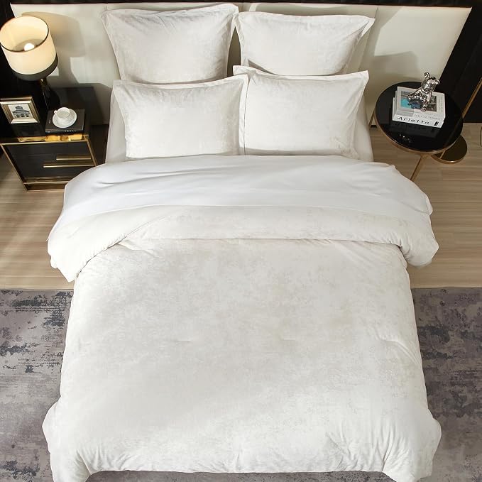 Ivellow Crushed Velvet Comforter Set King Ivory Comforter Set 5pcs Ultra Soft Lightweight Breathable Bedding Set Luxury Cozy Flannel Comforter King Size (1 Comforter,2 Pillow Shams, 2 Euro Shams