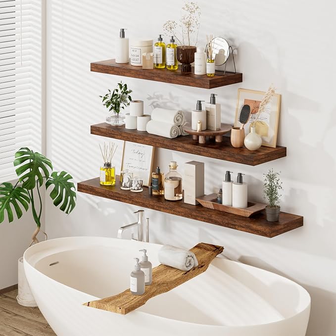 Heimlove 48W x 12D Long Floating Shelf, Set of 2, Wood Shelves for Bedroom Living Room Bathroom Kitchen Home Office, Rustic Brown