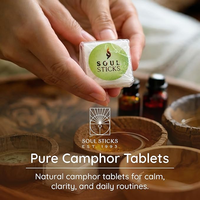 SOUL STICKS Natural Camphor Blocks, Pure Camphor Tablets for Aromatherapy & Puja - Alcanfor en Bloques, Alcanfor en Bolitas, Kapoor for Pooja (56 Grams (12 Tablets))