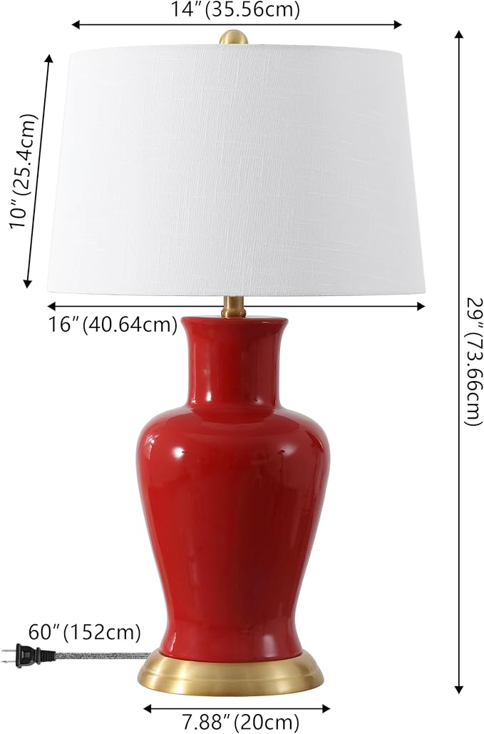 JONATHAN Y 29" Red Traditional Ceramic Urn LED Table Lamp for Bedroom Decor, White Linen Drum Shade, Classic Nightstand Lamp for Living Room, LED Bulb Included (JYL4026G)