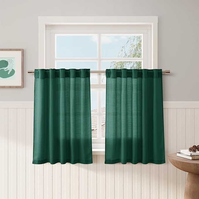 Dark Green Kitchen Linen Curtains 36 Inch Length 2 Pack Privacy Light Filtering Linen Short Drapes with Rod Pocket Back Tab for Small Windows Cafe Bathroom Mediterranean Style Laundry Room 36Wx36L