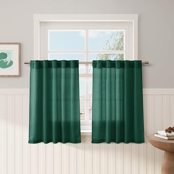 Dark Green Linen Cafe Curtains 30 Inch Length Privacy Light Filtering Semi Sheer Front Door Small Window Curtain Back Tab Rod Pocket Pleated Short Drapes for Bathroom Kitchen Basement RV 30Wx30L