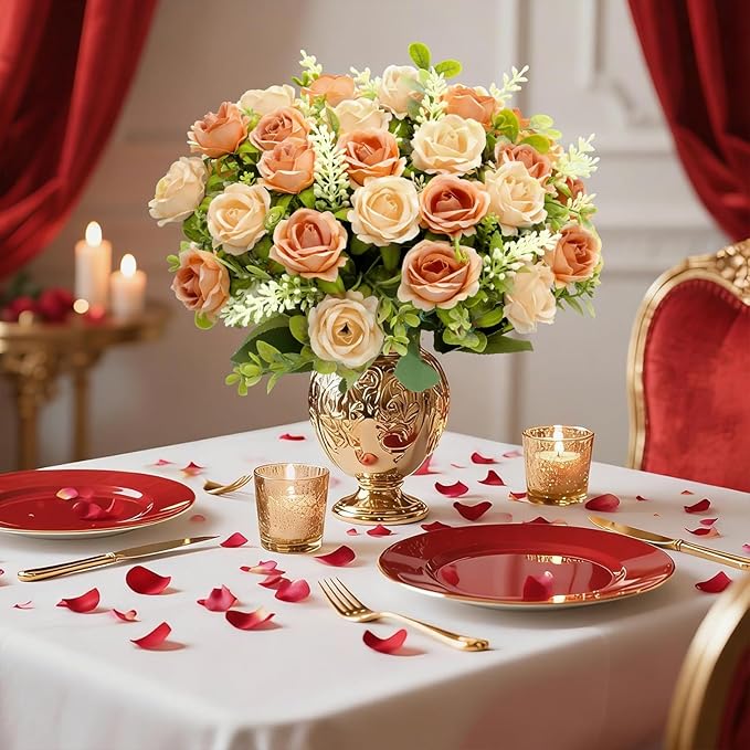 TURNMEON 40 Heads Fake Roses Artificial Flowers for Outdoors, 4 Bouquets UV Resistant Fake Flower Bouquet Faux Silk Roses for Wedding Birthday Home Mother's Day Cemetery Summer Decor(Vintage Coffee)