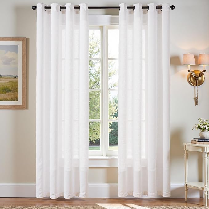 jinchan White Semi Sheer Linen Curtains 90 Inch Length 2 Panels Set Grommet Light Filtering Living Room Curtain Panles Home Office Minimalist Decor Farmhouse Boho Burlap Textured Curtains 50 Inch Wide