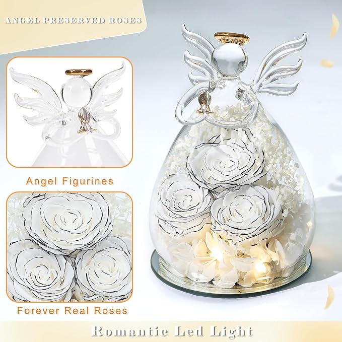 Beferr Mothers Day Mom Birthday Gifts for Women, Fresh Flowers for Delivery Forever Preserved Rose in Glass Angel Figurine, Anniversary Christian Real Rose for Grandma Nana Wife Mum from Daughter Son