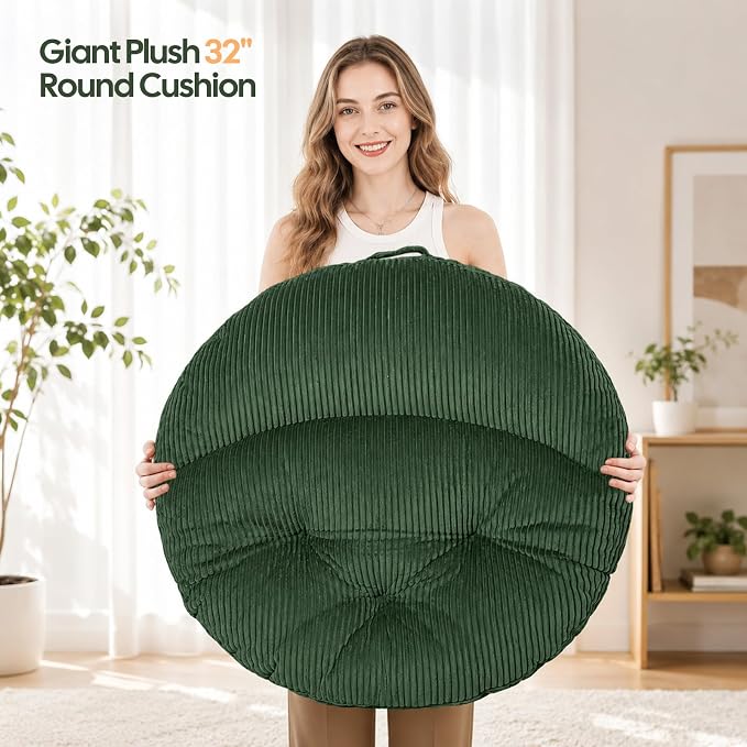 Meditation Cushion, 32 Inch Large Round Floor Pillow, Green | Soft Tufted Corduroy Meditation Pillow for Adults with Handle for Yoga, Cozy Meditation Mat for Reading and Tatami Seating