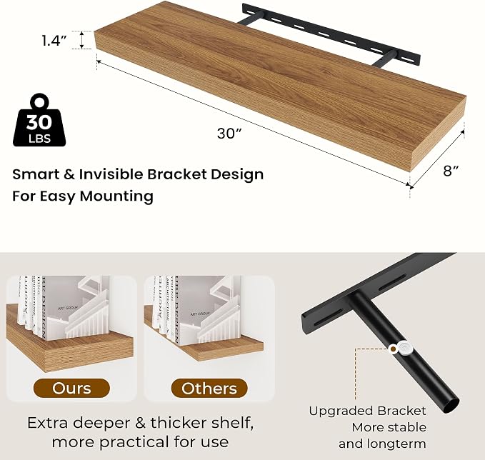 Dreamland 30Inch Walnut Floating Shelves 8" Deep Wall Mounted Set of 2 | Wall shelves for bathroom, bedroom, Living Room, kitchen, deep wall mount wood storage display for home decor 30" x 8"