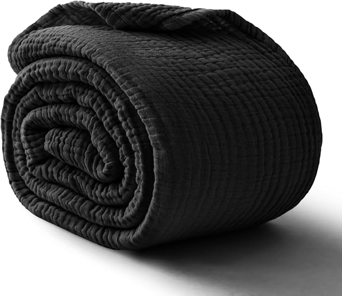 100% Cotton Muslin Blanket California King 120" x 90", 6 Layers Breathable and Lightweight Oversized Blankets for Bed, Soft Cooling Gauze Blanket for Adults All Season, Black